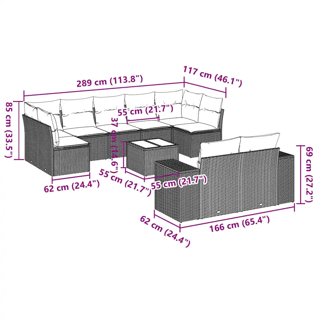 Set Divano Giardino 10 pz con Cuscini Grigio Chiaro Polyrattan