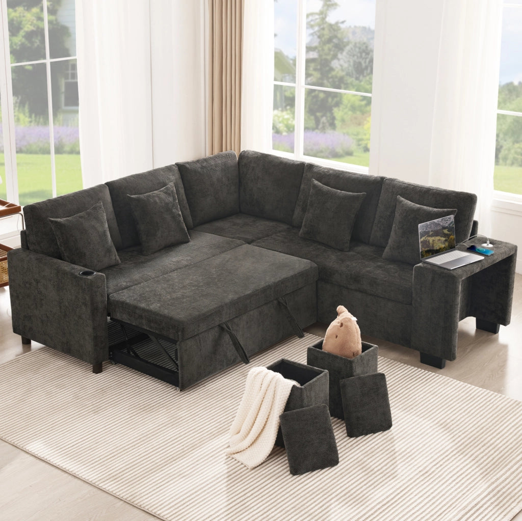 Divano letto angolare modulare 220 cm in ciniglia grigia con chaise longue reversibile e USB