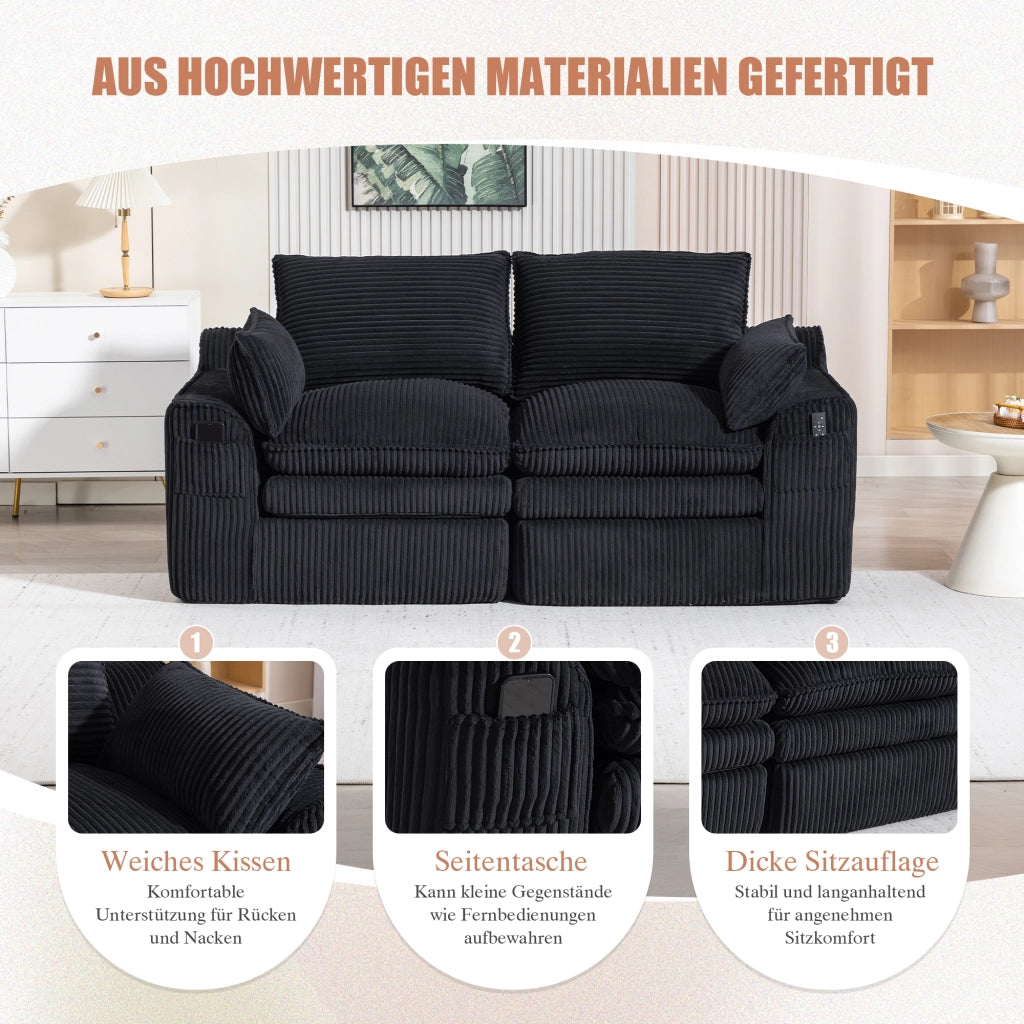 DIVANO 2 POSTI 191x94x85 cm Corda Nero con cuscini e tasche laterali