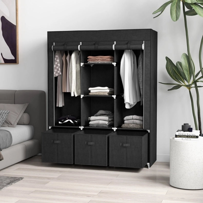 Armadio in tessuto nero 125 x 43 x 162,5 cm con 3 cassetti e 2 appendiabiti