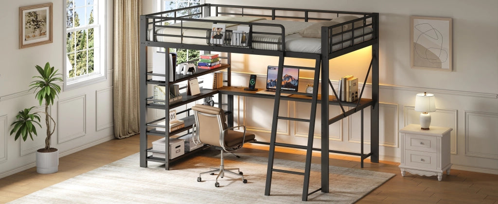 Letto a soppalco 140 × 200 cm con scrivania e ripiani in metallo e MDF nero LED e ricarica