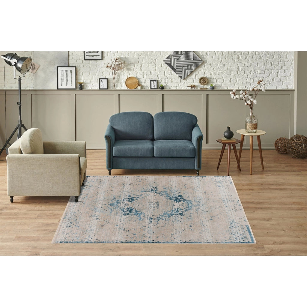 Tappeto a pelo corto Dilan in blu e beige