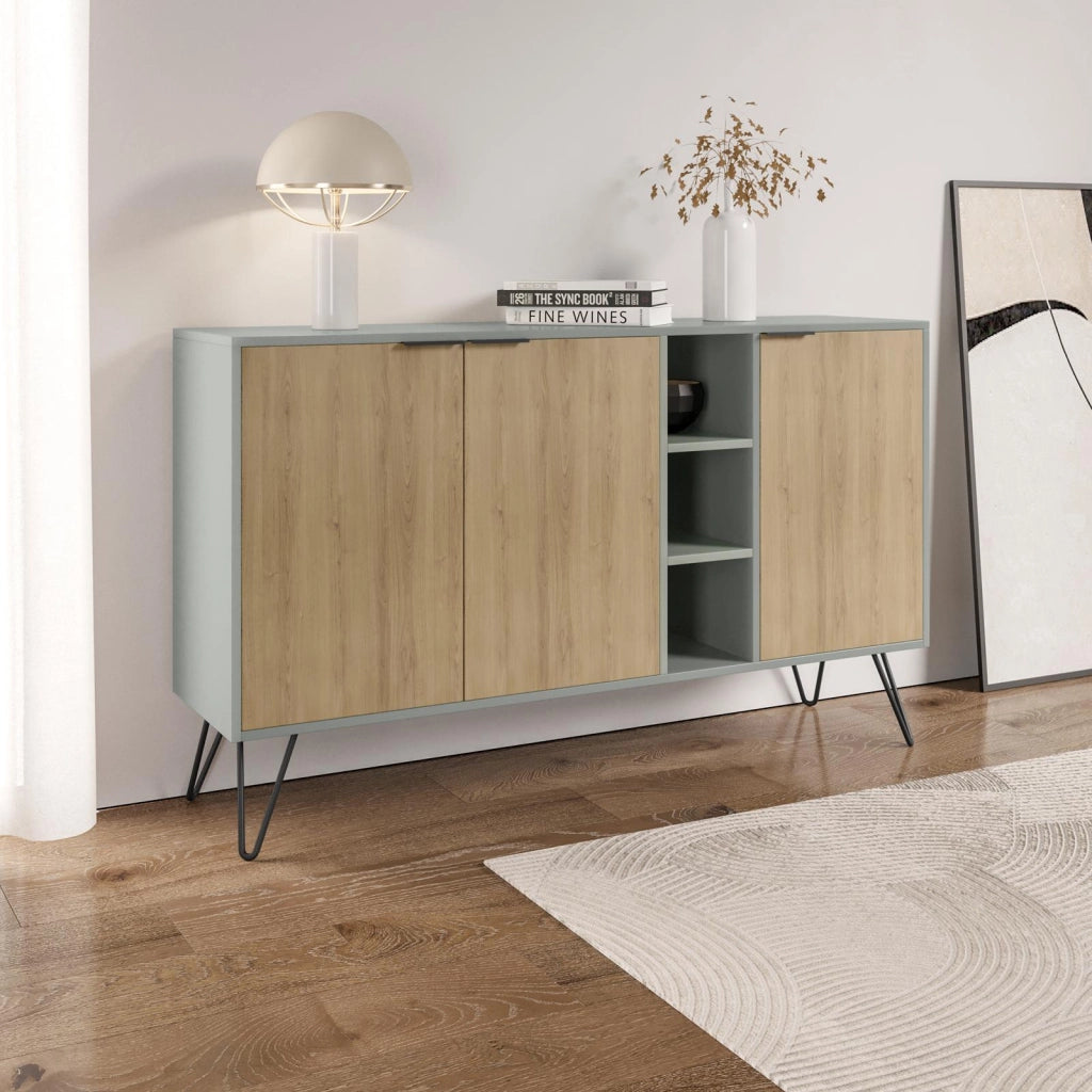 Madia Moderna Credenza 142x83 cm con 3 Ante e Vani a Giorno Quercia e Verde