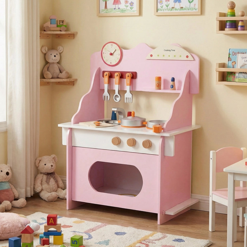 Cucina giocattolo legno bambini finzione orologio fornello porta spezie-Cucina rubinetto lavandino forno accessori completi bambini 3+anni Rosa