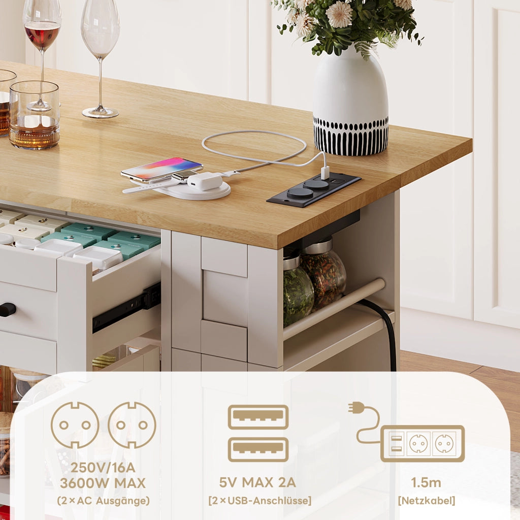 CARRELLO CUCINA CON TAVOLO PIEGHEVOLE 120x40/65x92 cm MDF Bianco/Naturale