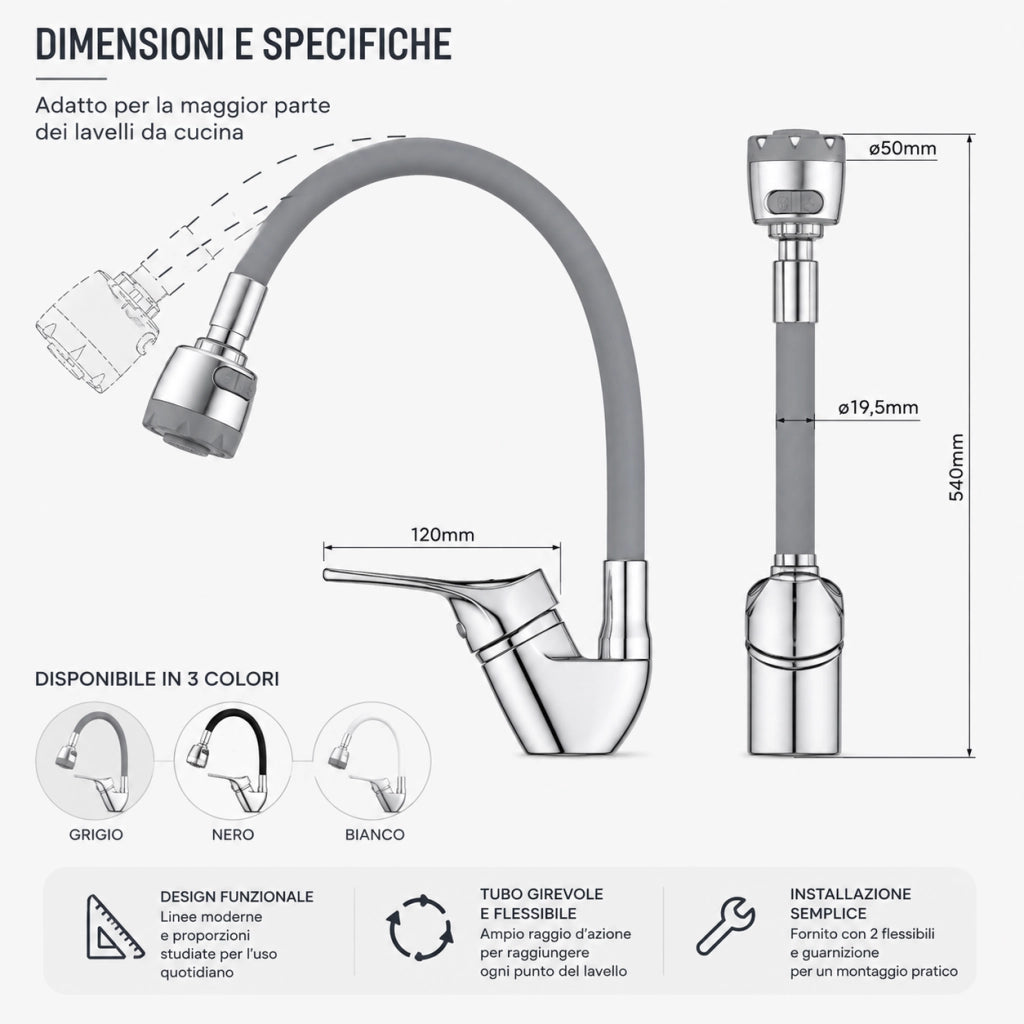 Rubinetto Cucina Doccetta 2 Getti Tubo Girevole Flessibile Silicone  Nero