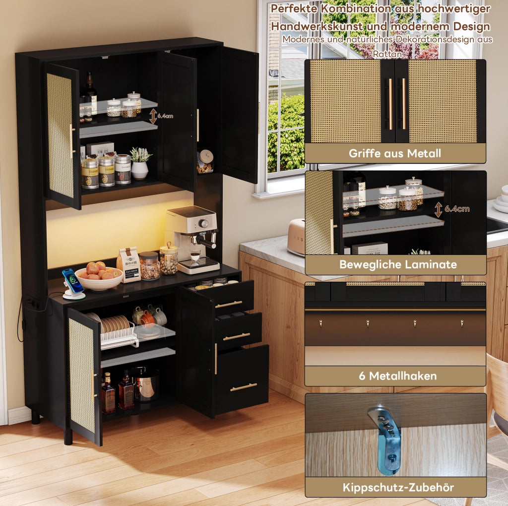 Buffet da cucina 183 cm con LED multicolore; prese USB e 2 prese; nero in MDF