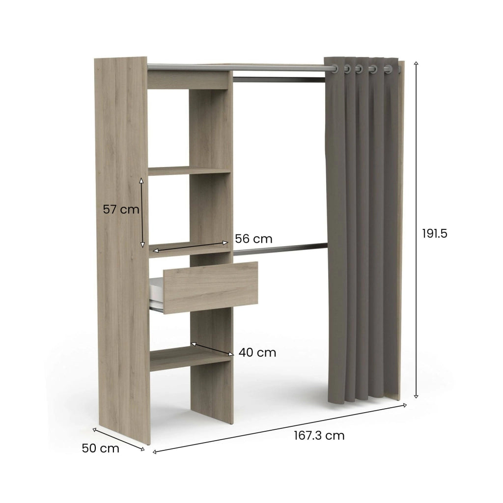 Guardaroba grande Serpentina, Mobile camera da letto, Cabina armadio portabiti, Armadio appendiabiti, 167x50 h192 cm, Rovere e Bianco opaco