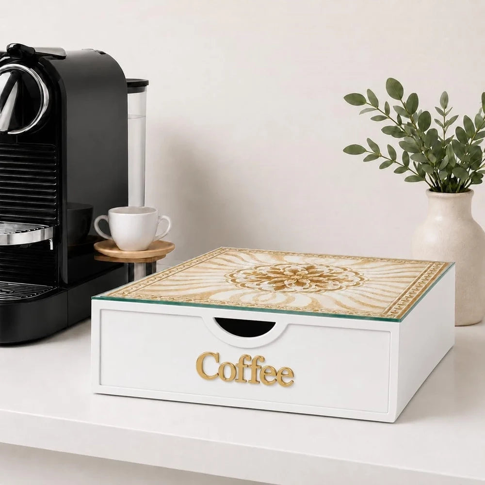 Trade Shop - Cassetto Organizer Porta Capsule Cialde Bianco Coffee Top Vetro Maiolica Oro Divisori 595165 -