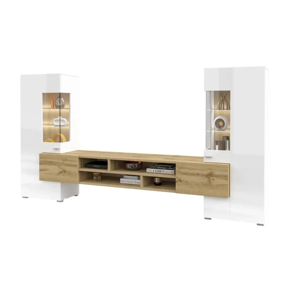 Set di 3 mobili da soggiorno collezione KOBEE. Colore bianco e rovere.