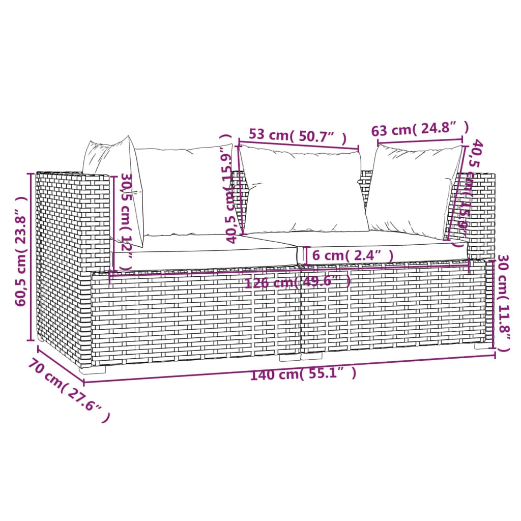 Divano trendy a 2 posti 140 x 70 x 60,5 cm con cuscini in resina intrecciata nera 02_0013191