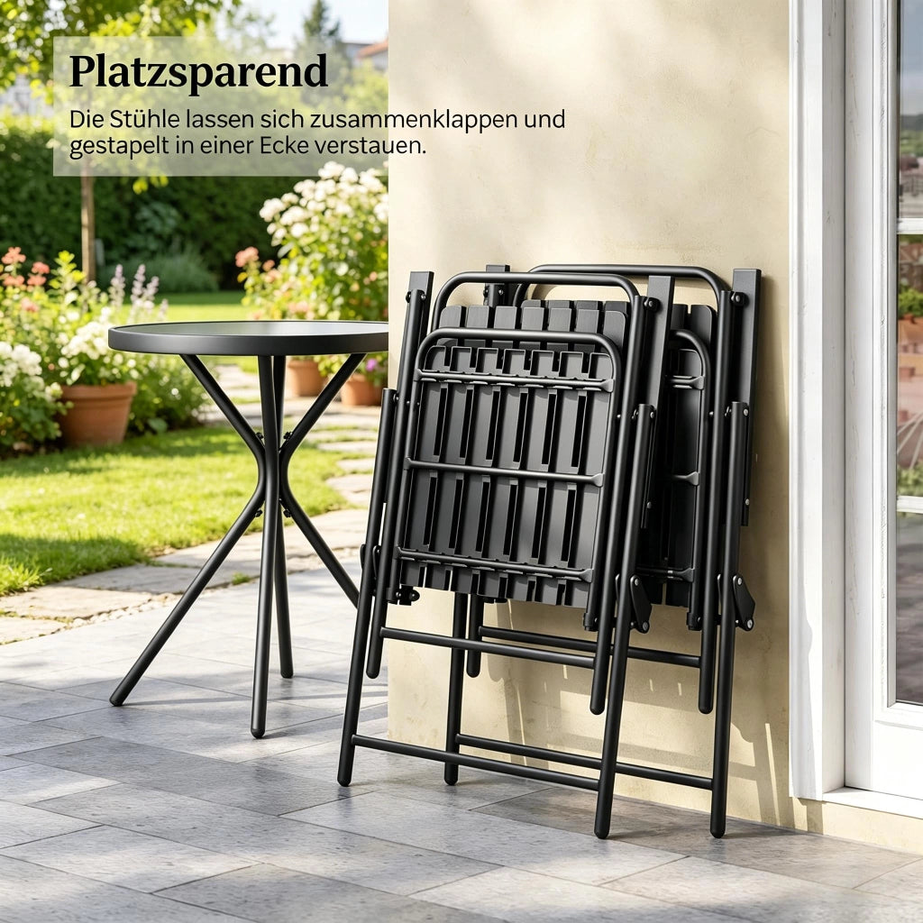 Tavolo E Sedie Da Giardino Pieghevoli - Salvaspazio - Tavolo 60 X 70 Cm - Ferro Vetro E Pp - Nero - Per Balcone E Giardino - Facile Da Riporre