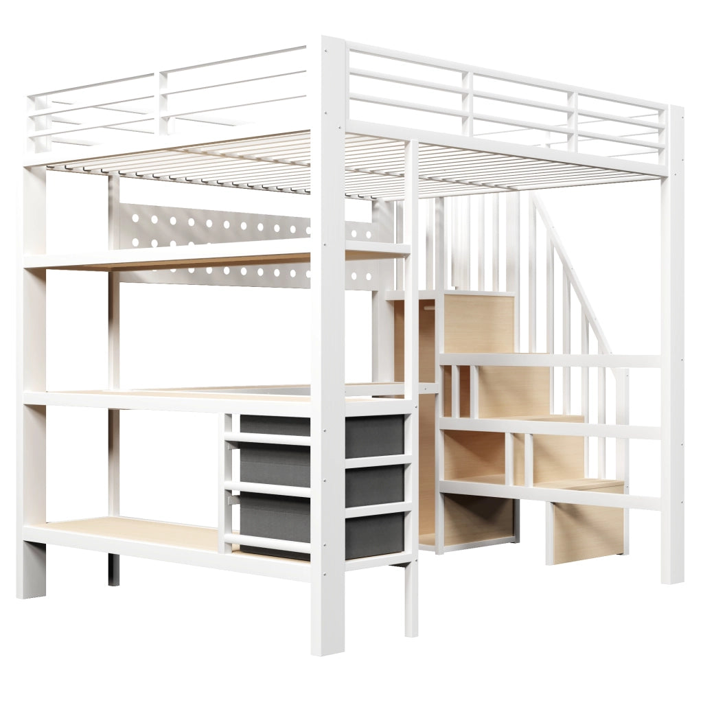 Letto a soppalco matrimoniale 140×200 cm con scrivania; 3 cassetti; ripiani; presa e LED; senza materasso; bianco