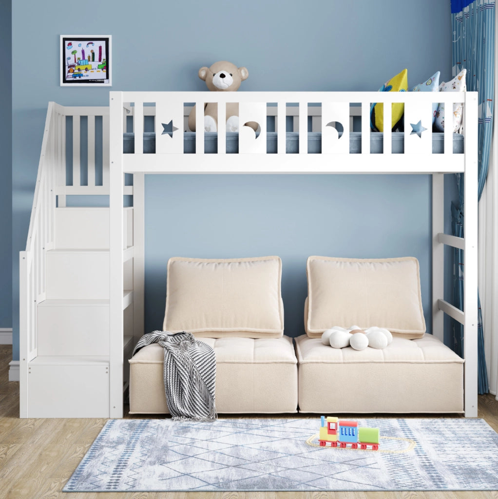 Letto a soppalco 90x200 cm bianco in legno con scala e ripiani