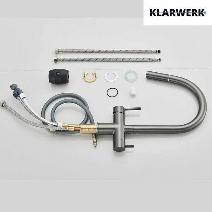 Jana | Raccordo estensibile premium a 3 vie grigio titanio opaco | Rubinetto osmosi da cucina in acciaio inox |. Filtro 3 connessioni ad arco alto