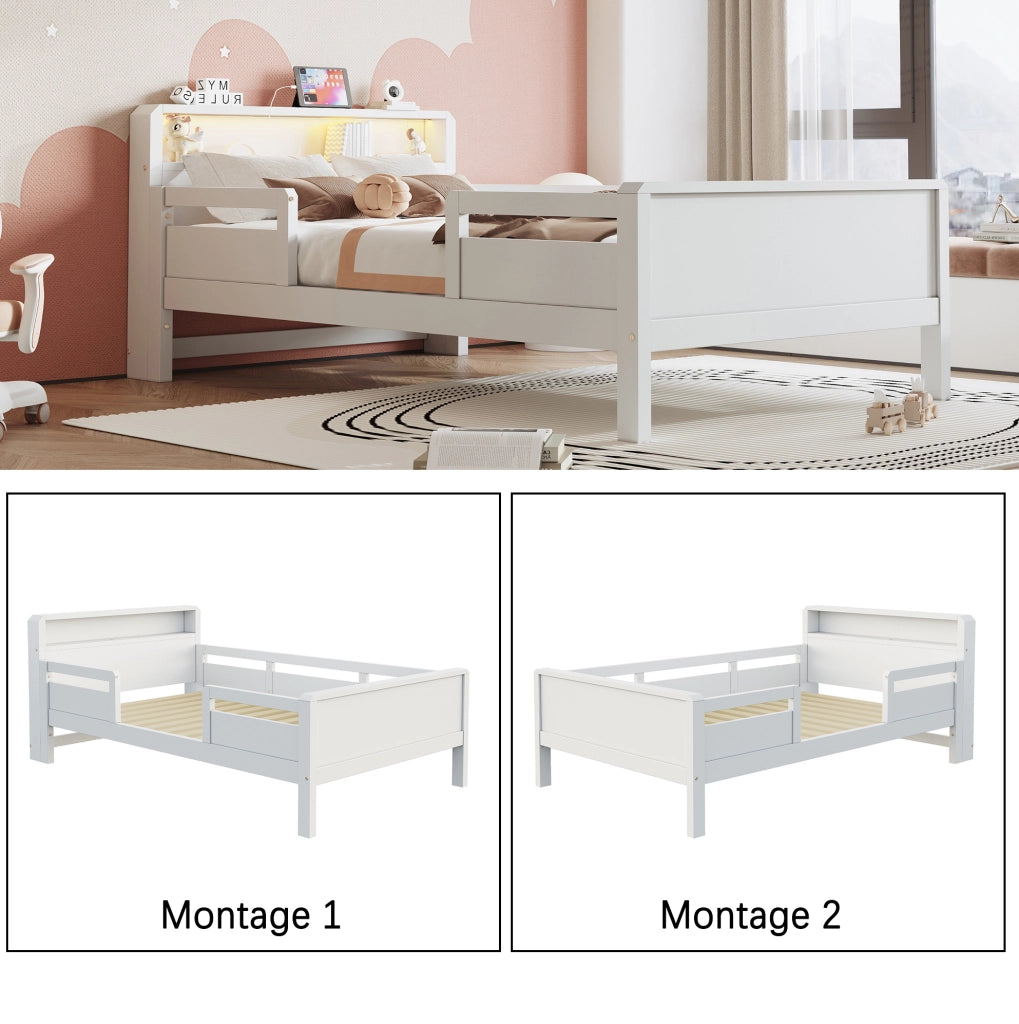 Letto singolo multifunzione 90x200 cm in legno di pino; bianco; con LED e porta USB-C