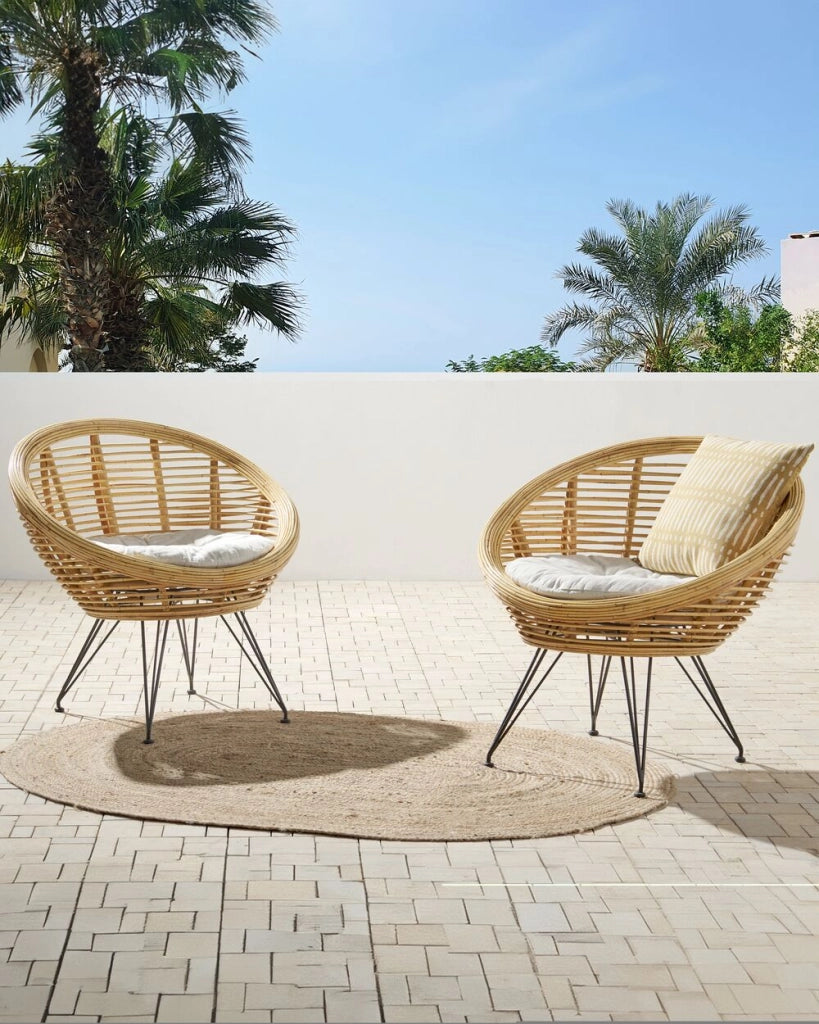 Set 2 Sedie Naturale Rattan Cotone Cuscino Indoor Outdoor Stile Boho Giardino Patio Balcone