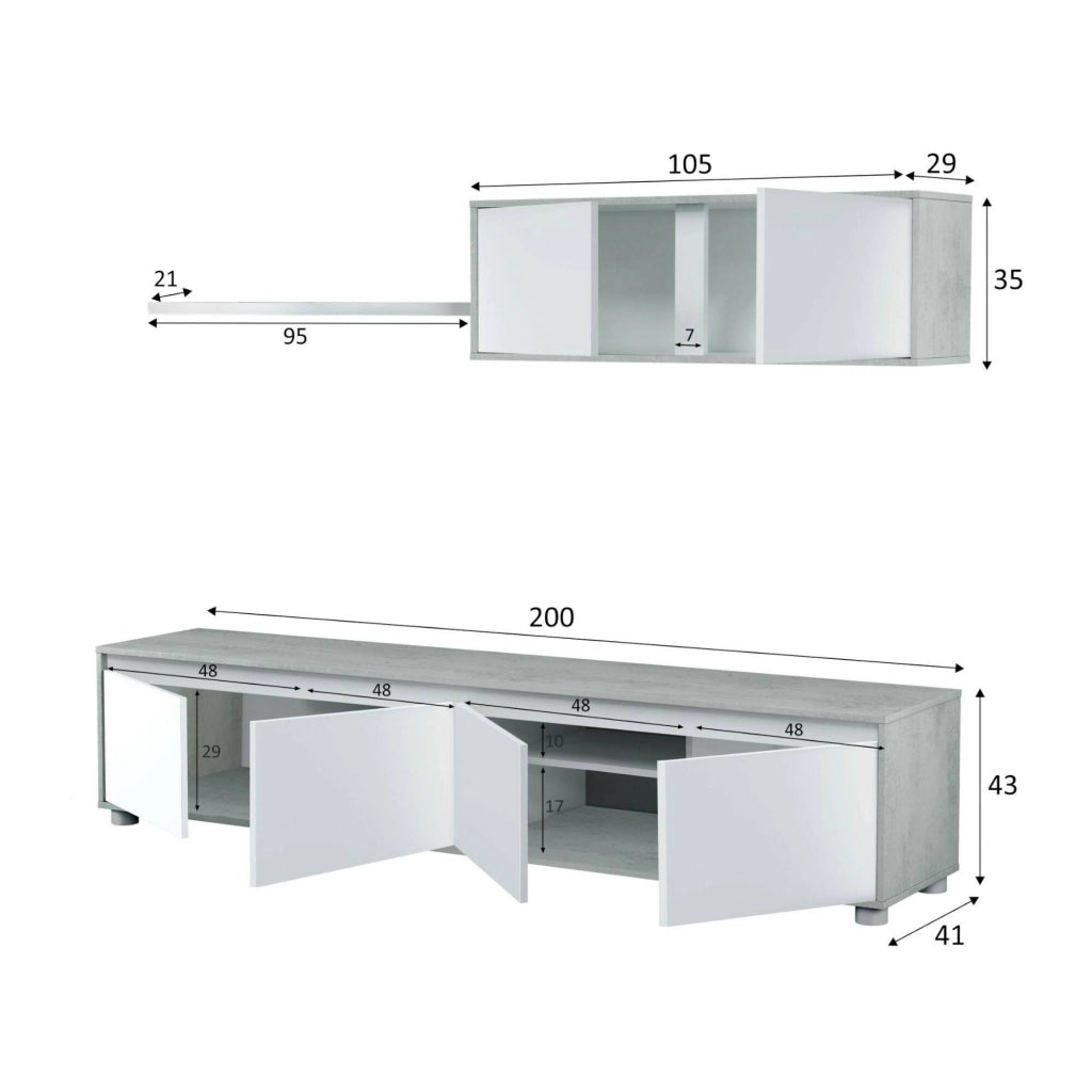 Mobile Soggiorno Amir, Parete Attrezzata 4 Ripiani, 200x41x43h cm Bianco