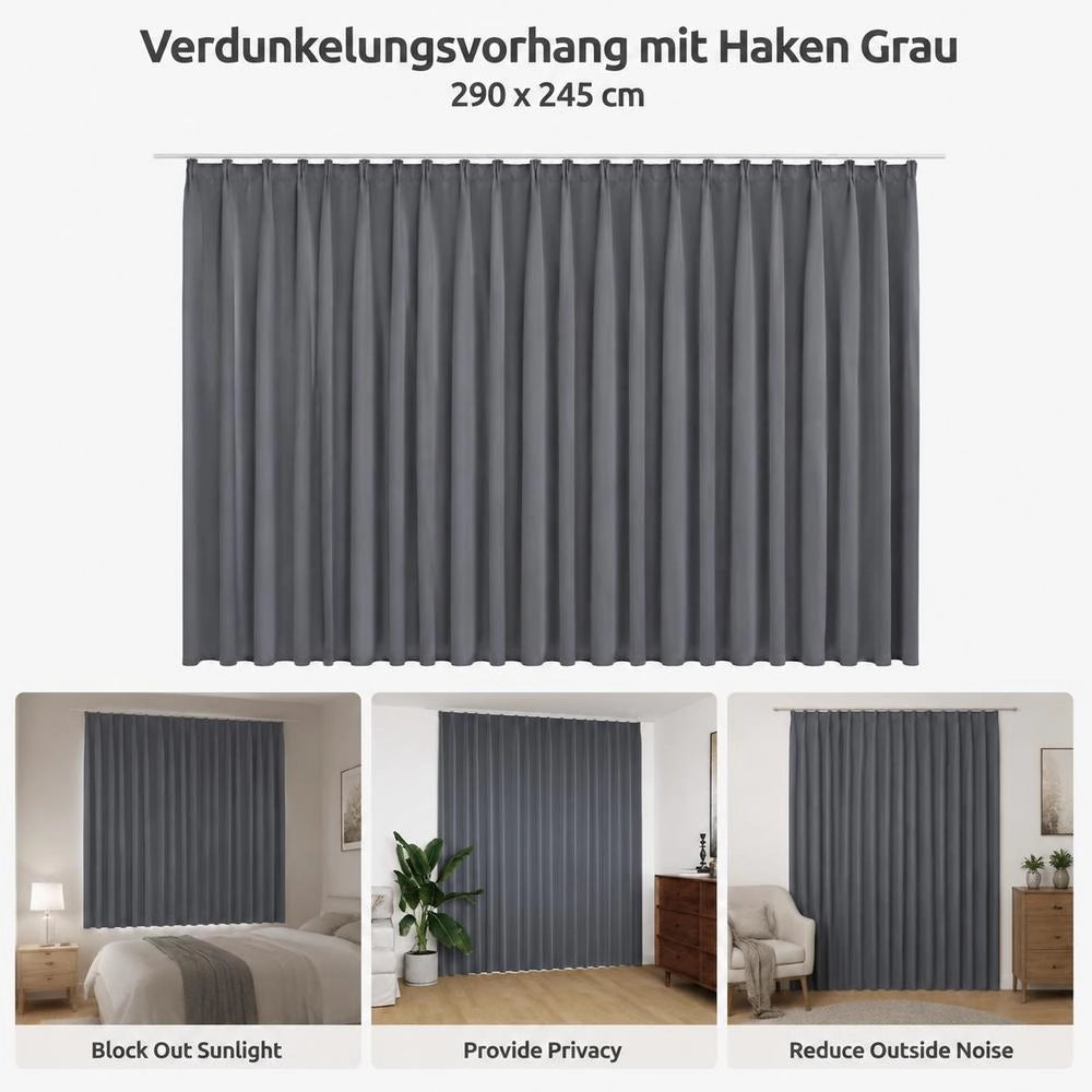 Blackout Curtain With Hooks, Grey, 290 X 245 Cm