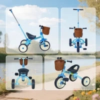 Triciclo per Bambini 2 in 1, con Manubrio regolabile, Pedali Antiscivolo, Poggiapiedi Pieghevoli e Cestino, età 2-5 Anni, Azzurro