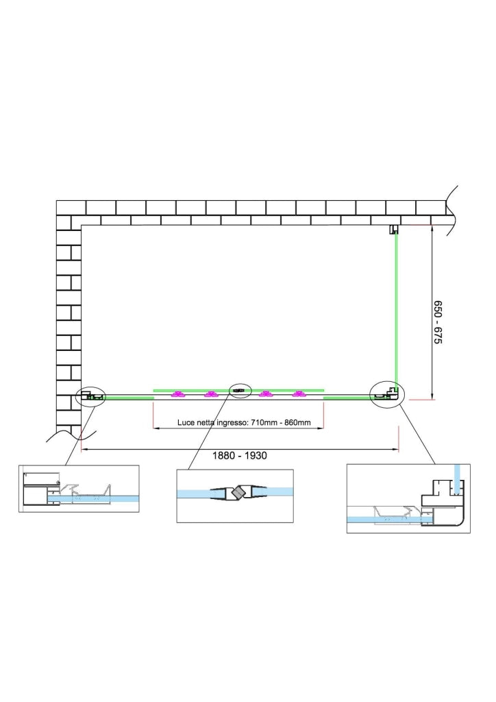 Box doccia 6 mm H 190 parete fissa e porta a 4 ante con apertura centrale MISURA 65-67,5 ANTA FISSA + PORTA 188-193