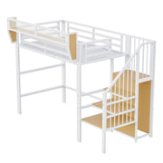 Letto a soppalco singolo 90×200 cm con scaletta di sicurezza e ripiano regolabile; senza materasso; metallo; bianco
