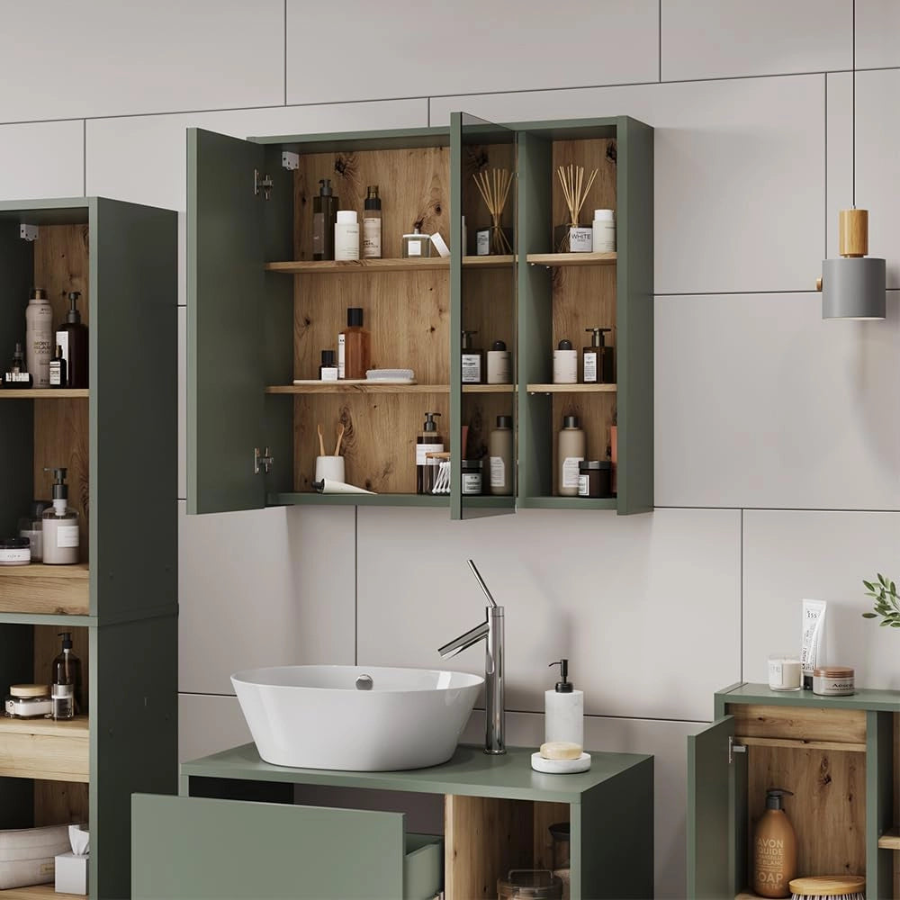 Mobile a specchio per bagno Viola, Verde/Artigianale, 80 x 75 cm con ripiani aperti, per montaggio a parete con specchio integrato e ripiani