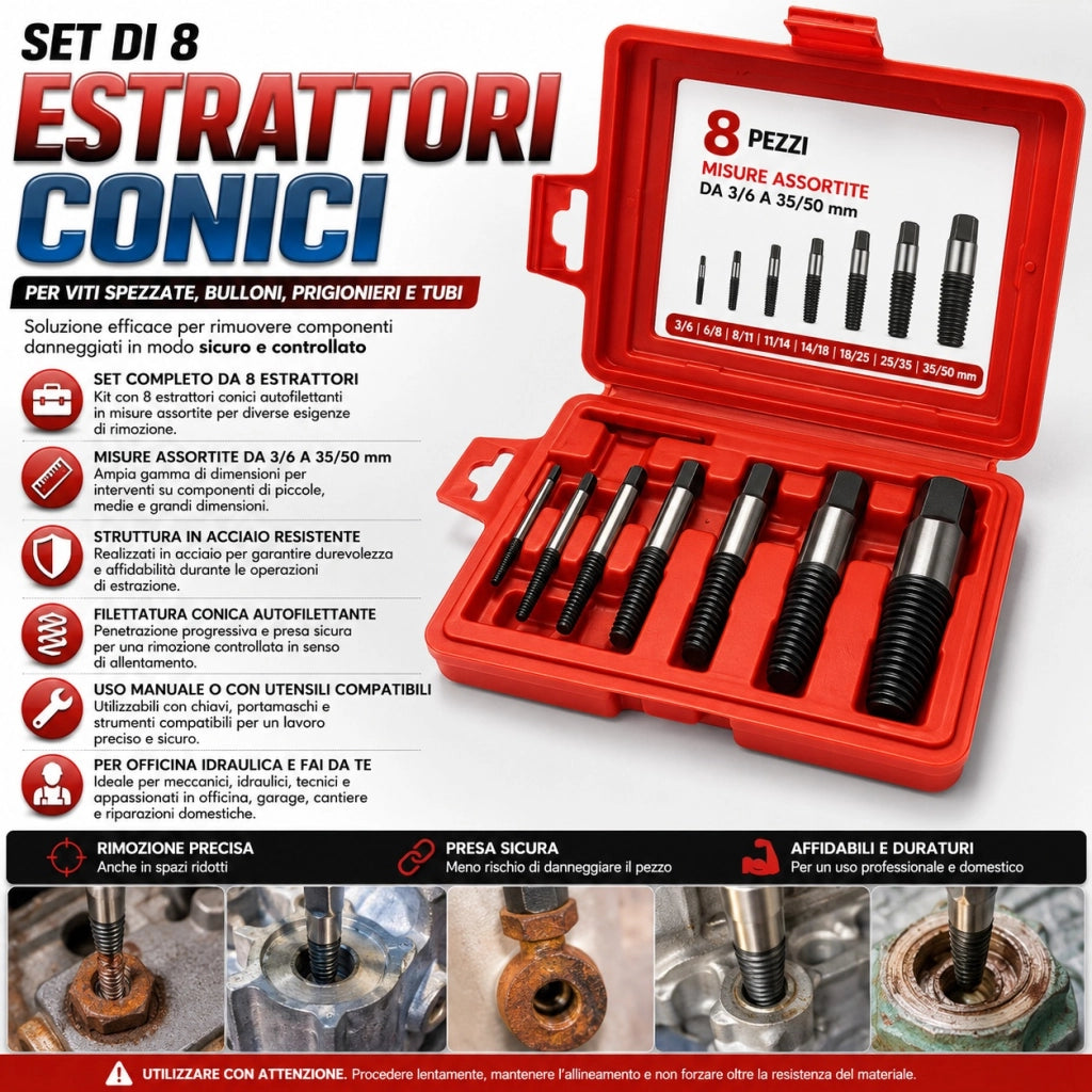 Kit 8 Estrattori Conici per Viti Bulloni Spezzati e Prigionieri