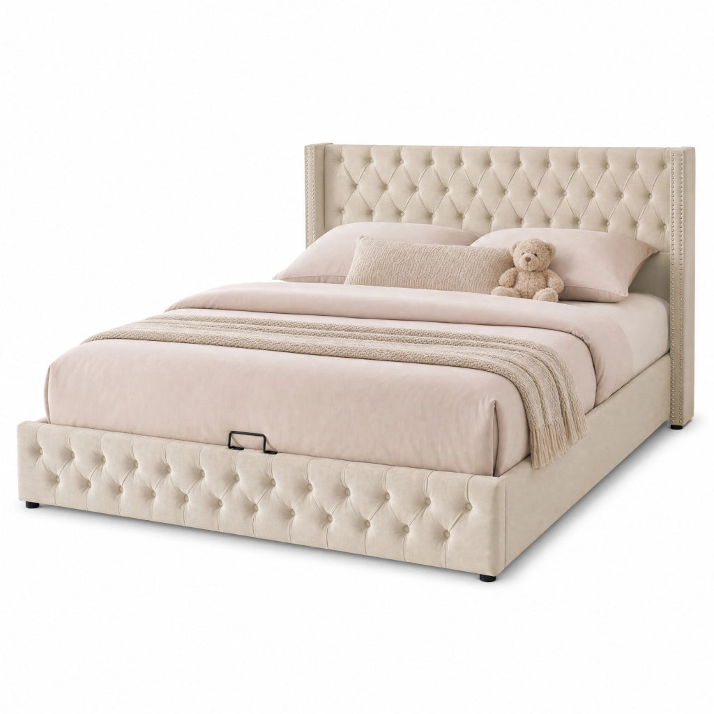 Letto matrimoniale 180x200 cm in velluto con contenitore idraulico; stile Chesterfield; beige