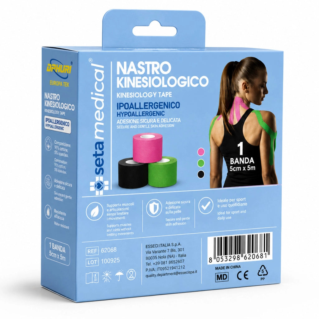 2 NASTRI KINESIOLOGICO IPOALLERGENICI 5CM x 5M TAPE ELASTICO SPORT VARI COLORI