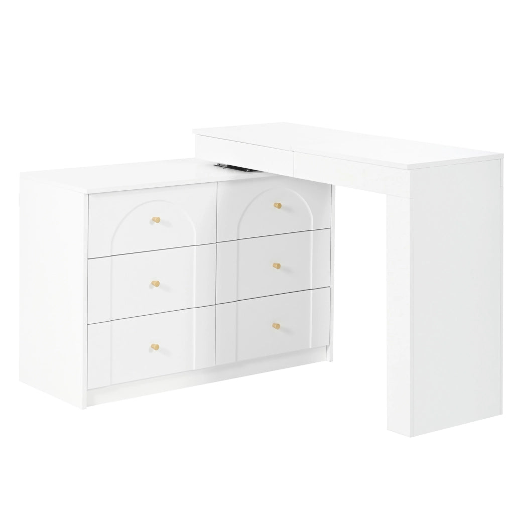Toeletta girevole ULEVR 105x40x80 cm con specchio LED, 7 cassetti e piano richiudibile, bianca