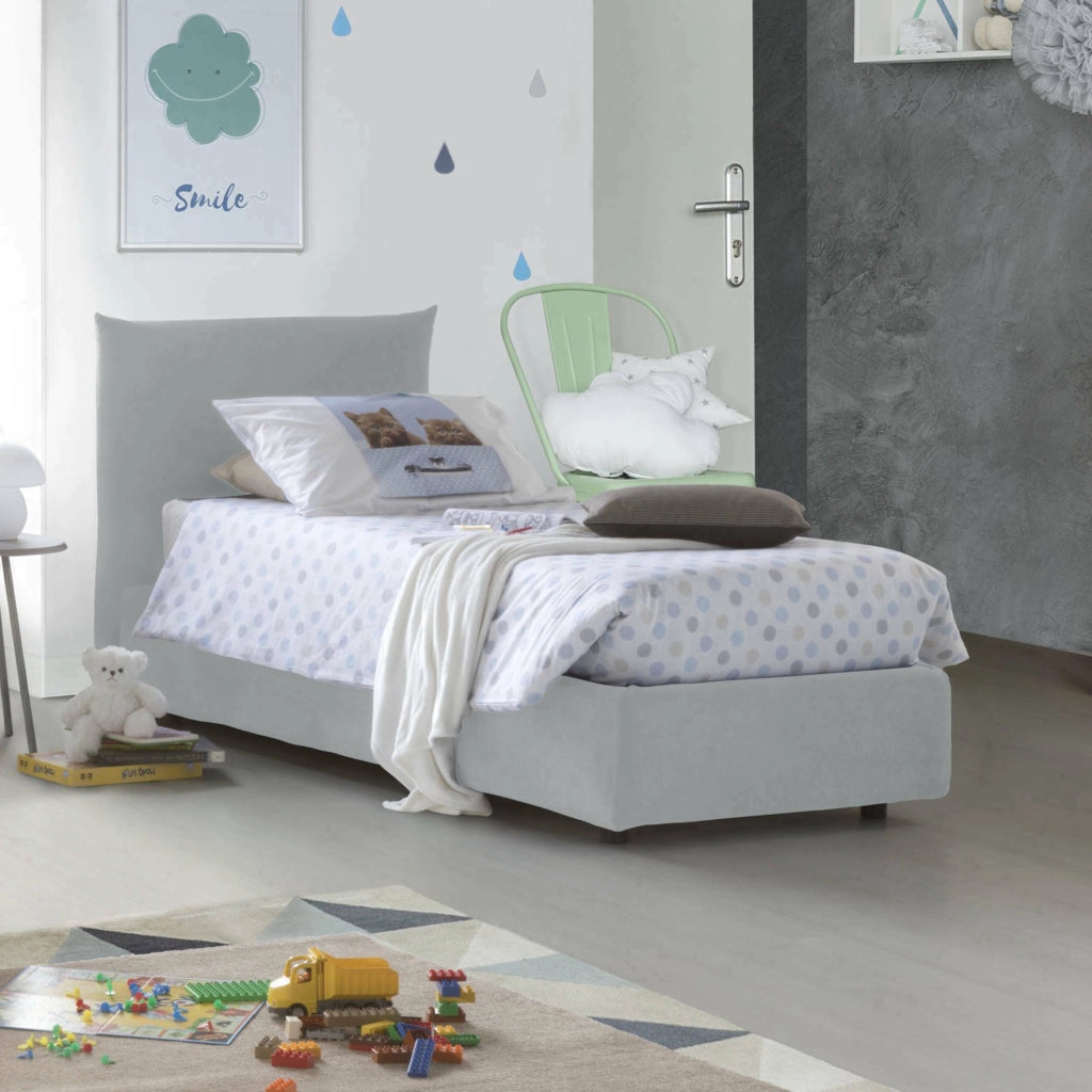 Letto singolo Ippolito, Letto contenitore con rivestimento in tessuto, Made in Italy, Apertura frontale, adatto per materasso cm 80x190, Bianco