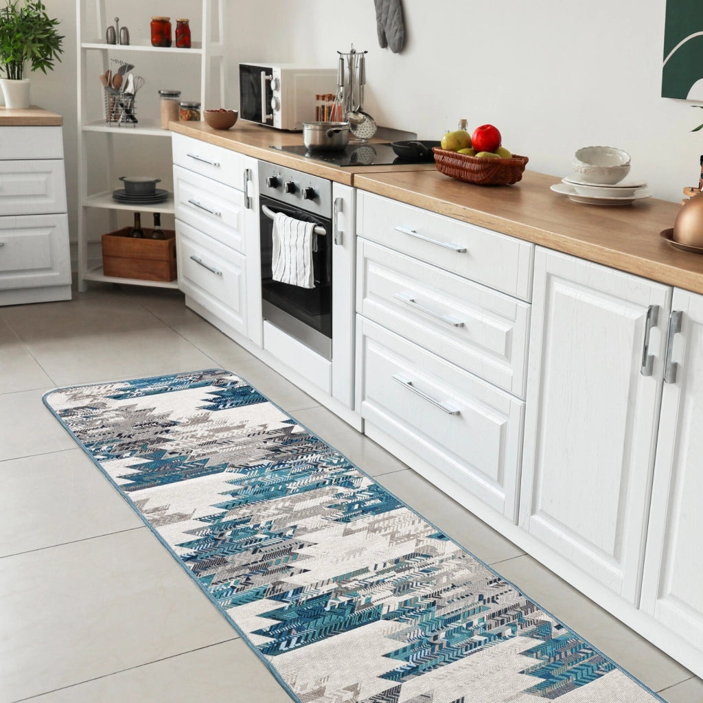 Tappeto Cucina Etnico 54x40 Cm Moderno Passatoia Antiscivolo Tessuto Gobelin Lavabile Blu