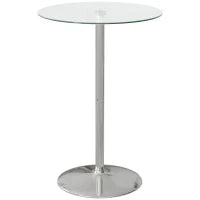 Tavolo Alto da Bar Moderno Rotondo con Base in Acciaio e Piano in Vetro, Ø70x102cm, Trasparente