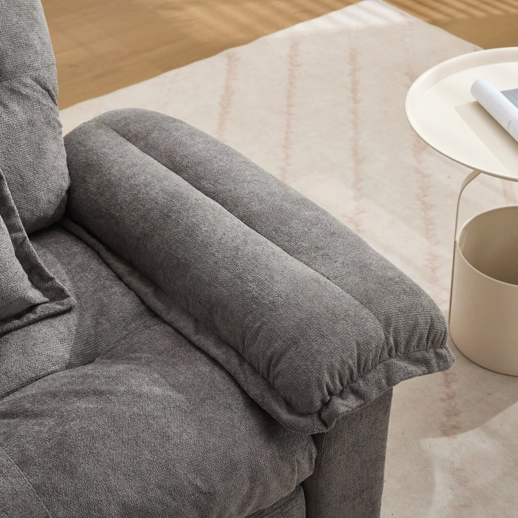 Fauteuil girevole a 360° oversize con cuscino di supporto e base in metallo in ciniglia grigia