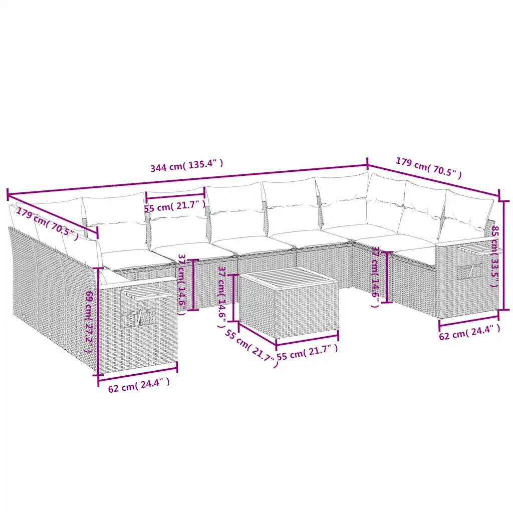 Set Divani da Giardino 11 pz con Cuscini in Polyrattan Nero