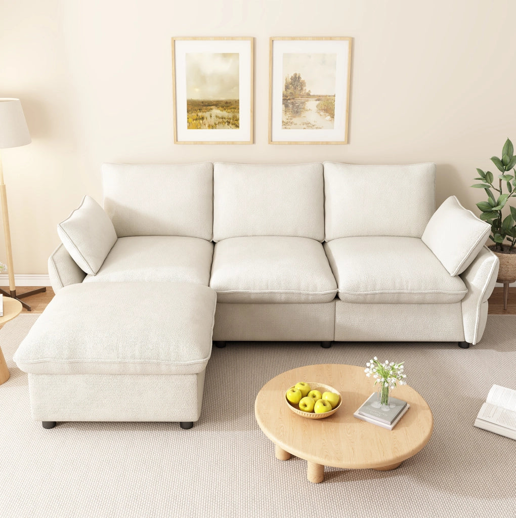 Divano angolare L in ciniglia beige con 2 cuscini