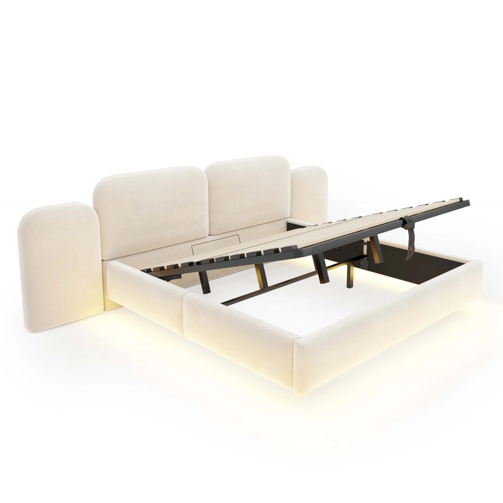 Letto imbottito 180x200 cm con contenitore idraulico; LED RGB; USB e Tipo C; velluto beige