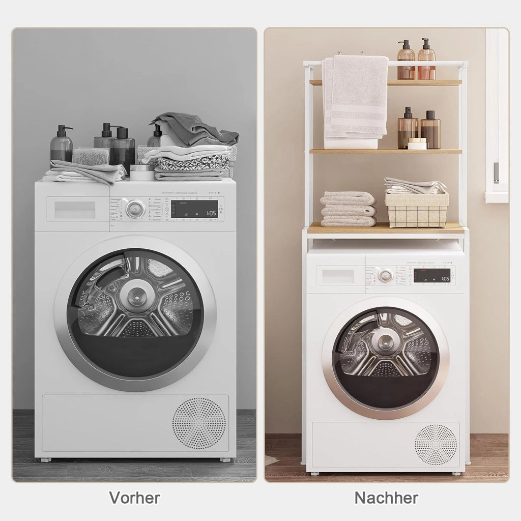 Scaffale sopra Lavatrice a 3 Livelli, Mobile sopra WC Autoportante con Asta di Sospensione, per Bagno o Lavanderia, Rovere Chiaro e Bianco, 67x40x162 cm