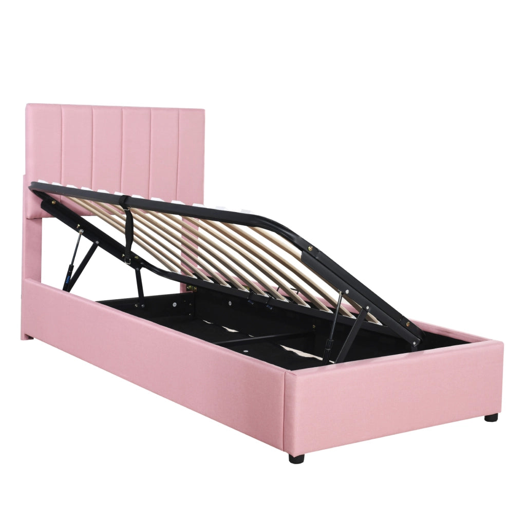 Letto imbottito per bambini 90x200 cm con contenitore idraulico; tessuto lino rosa