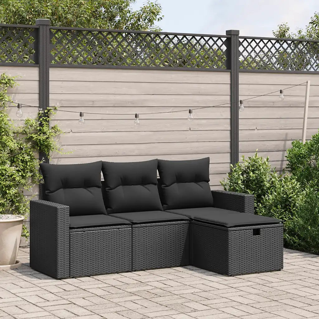 Set Divani da Giardino 4 pz | Set Salotto da Giardino con Cuscini Nero in Polyrattan