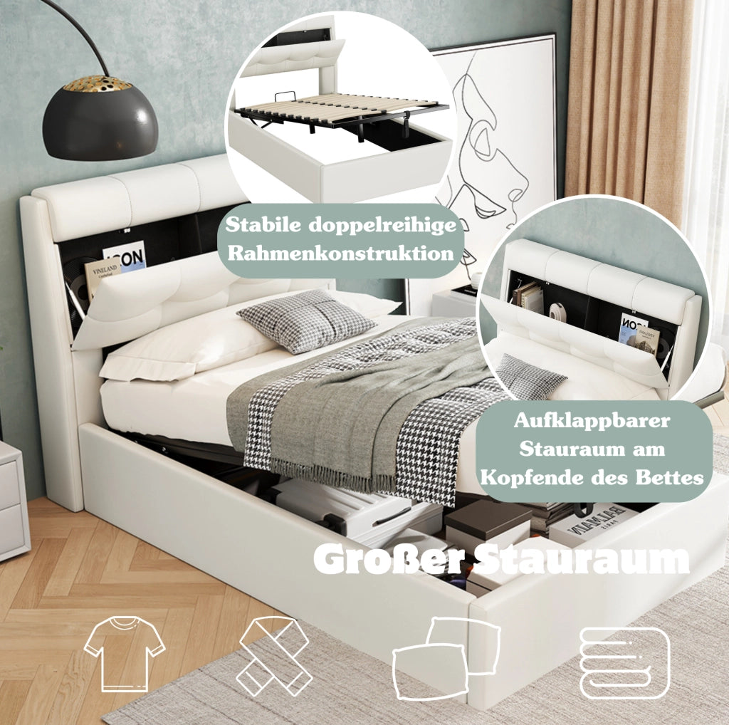 Letto imbottito 90x200 cm in PU bianco con sollevamento idraulico; contenitore e rete a doghe