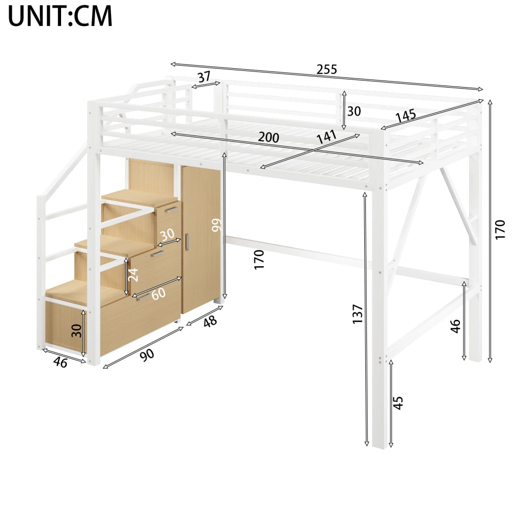 Letto a soppalco ULEVR 140x200 cm con 3 mobili contenitore, guardaroba, LED Bluetooth e scala, bianco