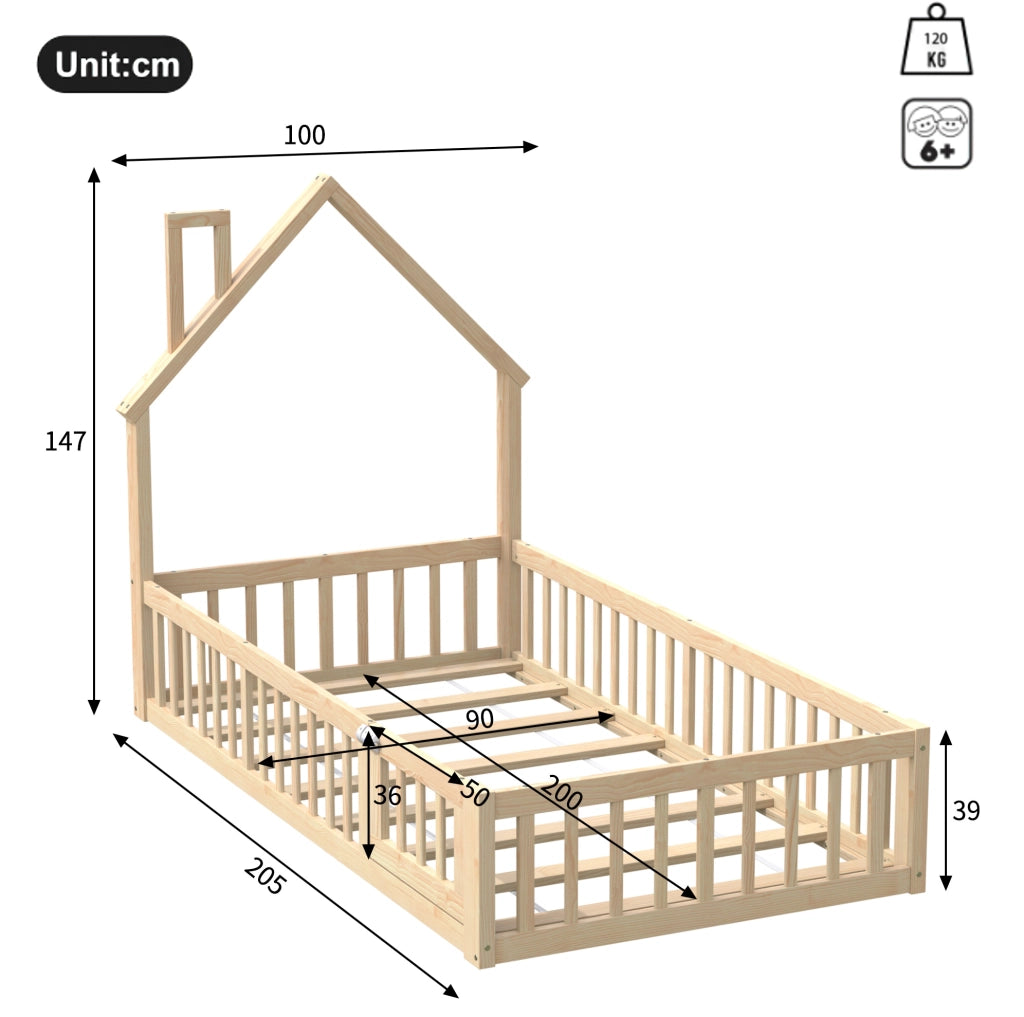 Letto casetta per bambini 90 x 200 cm in pino naturale con rete e barriera