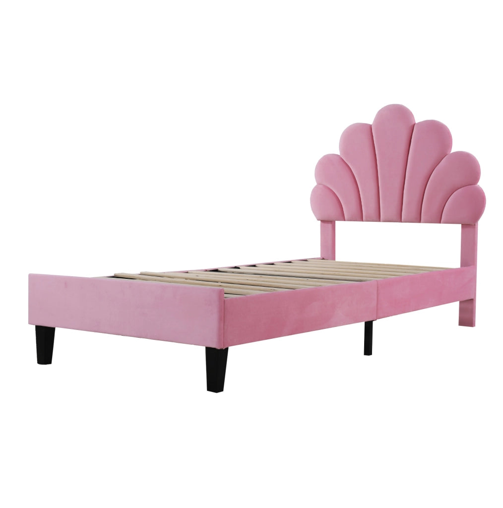 Letto imbottito 90x200 cm con testiera a forma di fiore; velluto rosa e rete a doghe