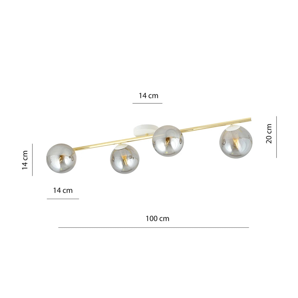 Plafoniera Contemporanea 4 Luci Eracle In Acciaio Oro/Bianco E Sfere Vetro Fumè