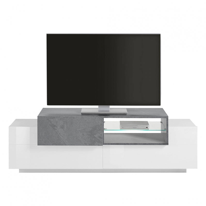 Porta TV Moderno NEW CORO con 2+1 ante battenti, ripiano in vetro bianco ardesia