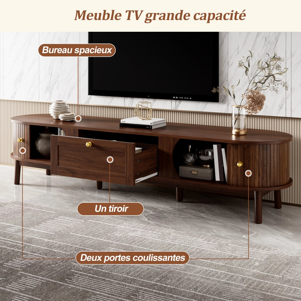 OKWISH Mobile TV con 2 Cassetti e 2 Ante Scorrevoli, Angoli Arrotondati, Gambe in Legno, MDF, Noce 170×39,5×38 cm