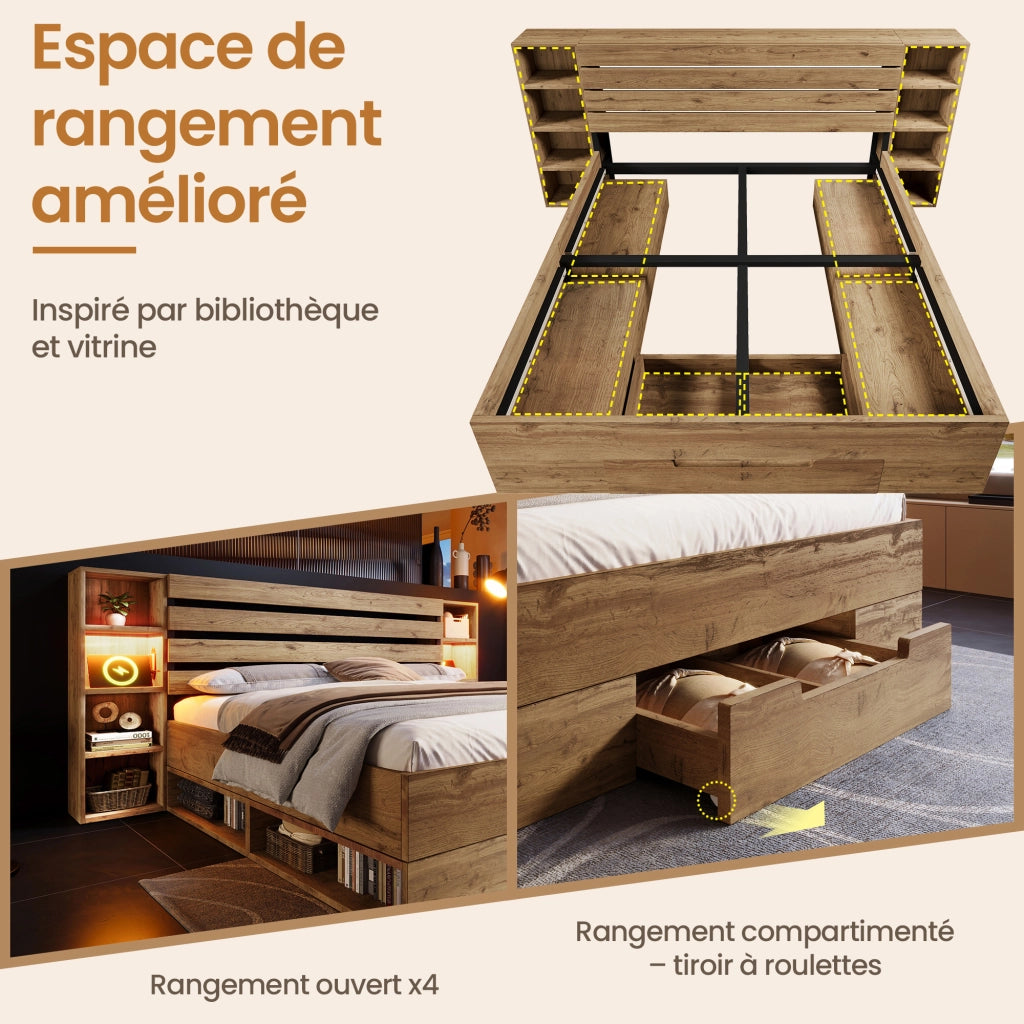 OKWISH Letto con Cassetti 180×200 cm, Letto Matrimoniale con LED Regolabile, USB, Tipo C e 2 Cassetti, senza Materasso, Legno e Metallo, Rovere