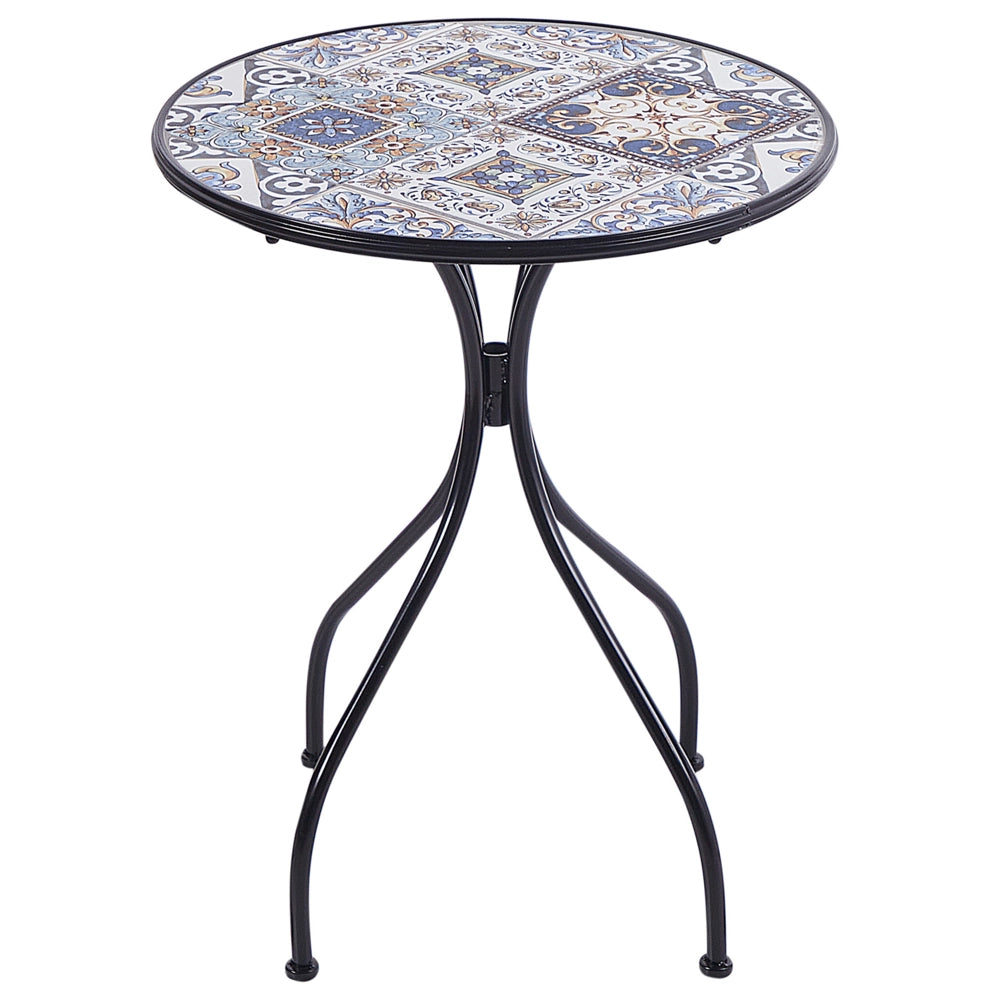 Tavolo da bistrot per esterni in metallo con piano in mosaico e struttura in ferro nero stile vintage